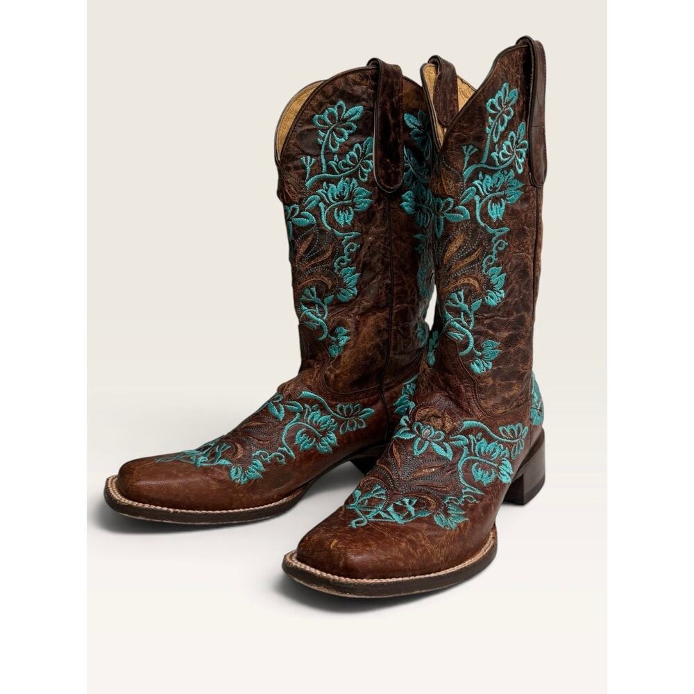Cavender’s Women’s Brown Leather Turquoise Floral Embroidered Cowboy Boots 8M - Picture 5 of 12